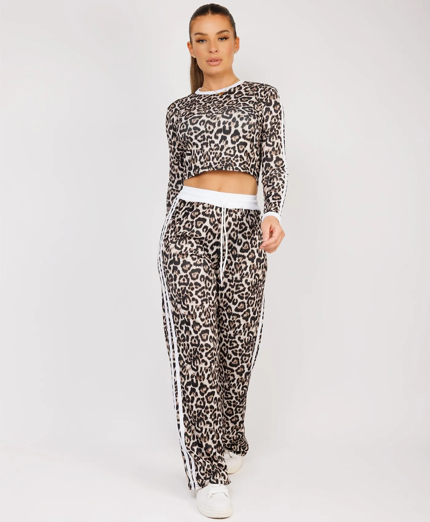 White Striped Leopard Print Ribbed Crop Top & Trousers Loungewear Set