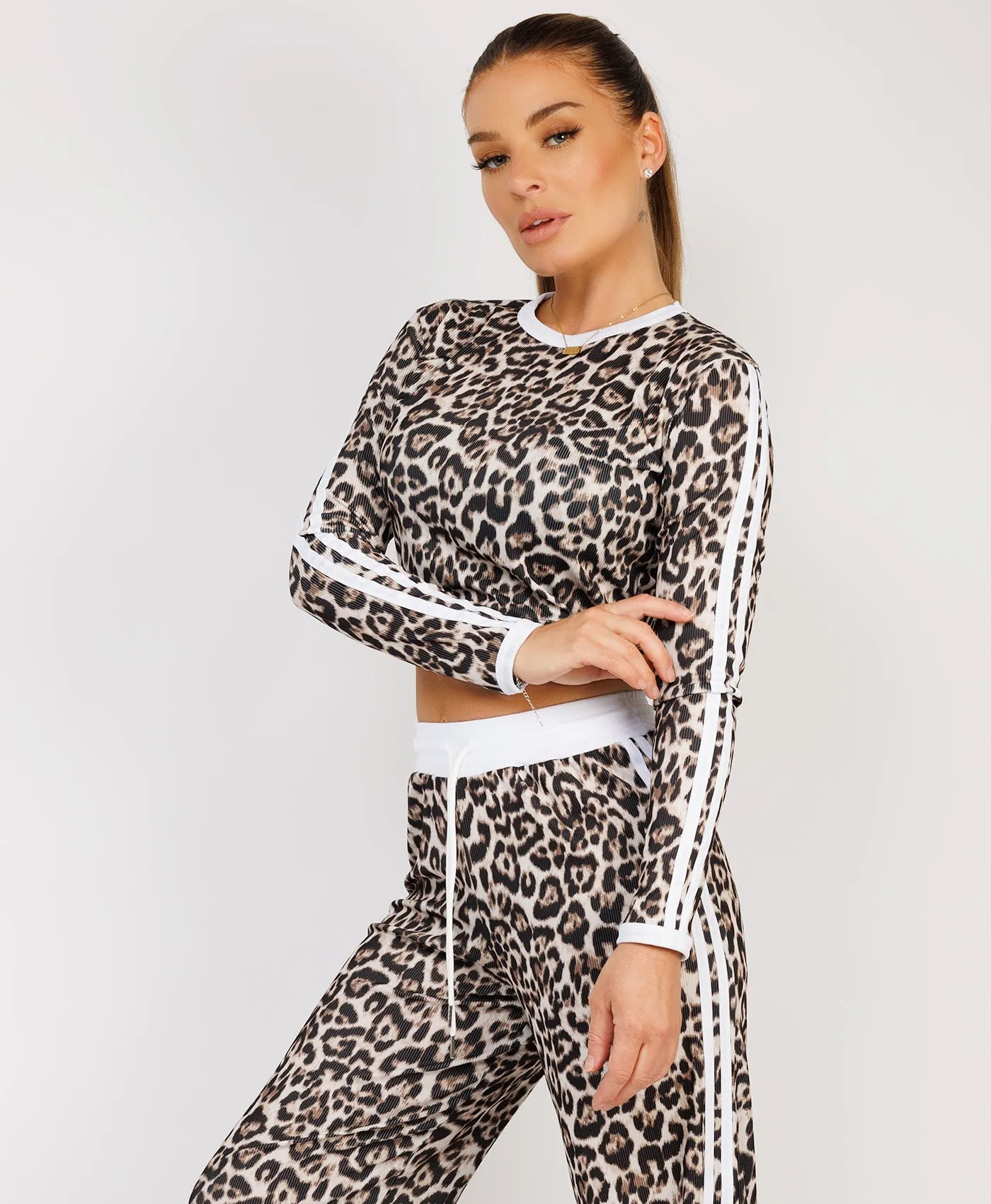 White Striped Leopard Print Ribbed Crop Top & Trousers Loungewear Set