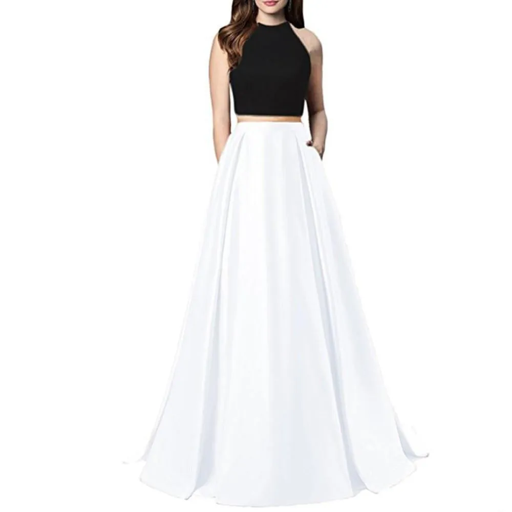 Women Two Piece Long Prom Dress Crop Top Satin Evening Formal Dresses With Pocket