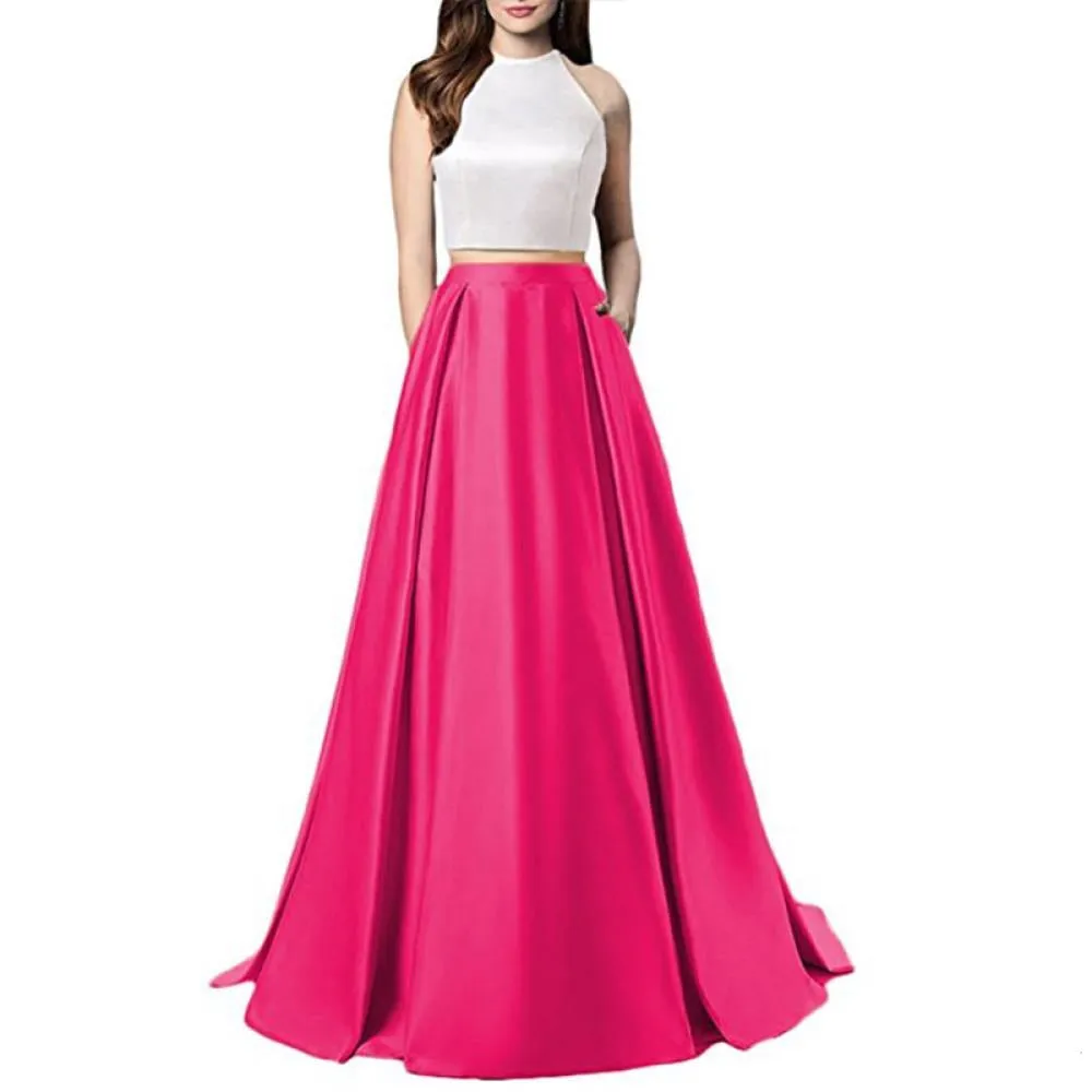 Women Two Piece Long Prom Dress Crop Top Satin Evening Formal Dresses With Pocket