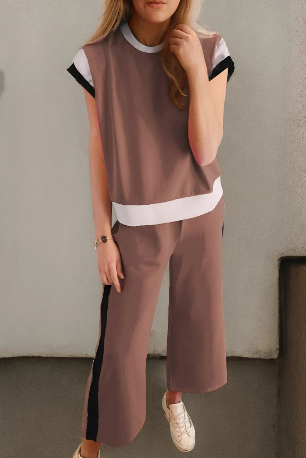 Women's 2 Piece Color Block Lounge Set Cap Sleeve Tee and Wide Leg Pants Set