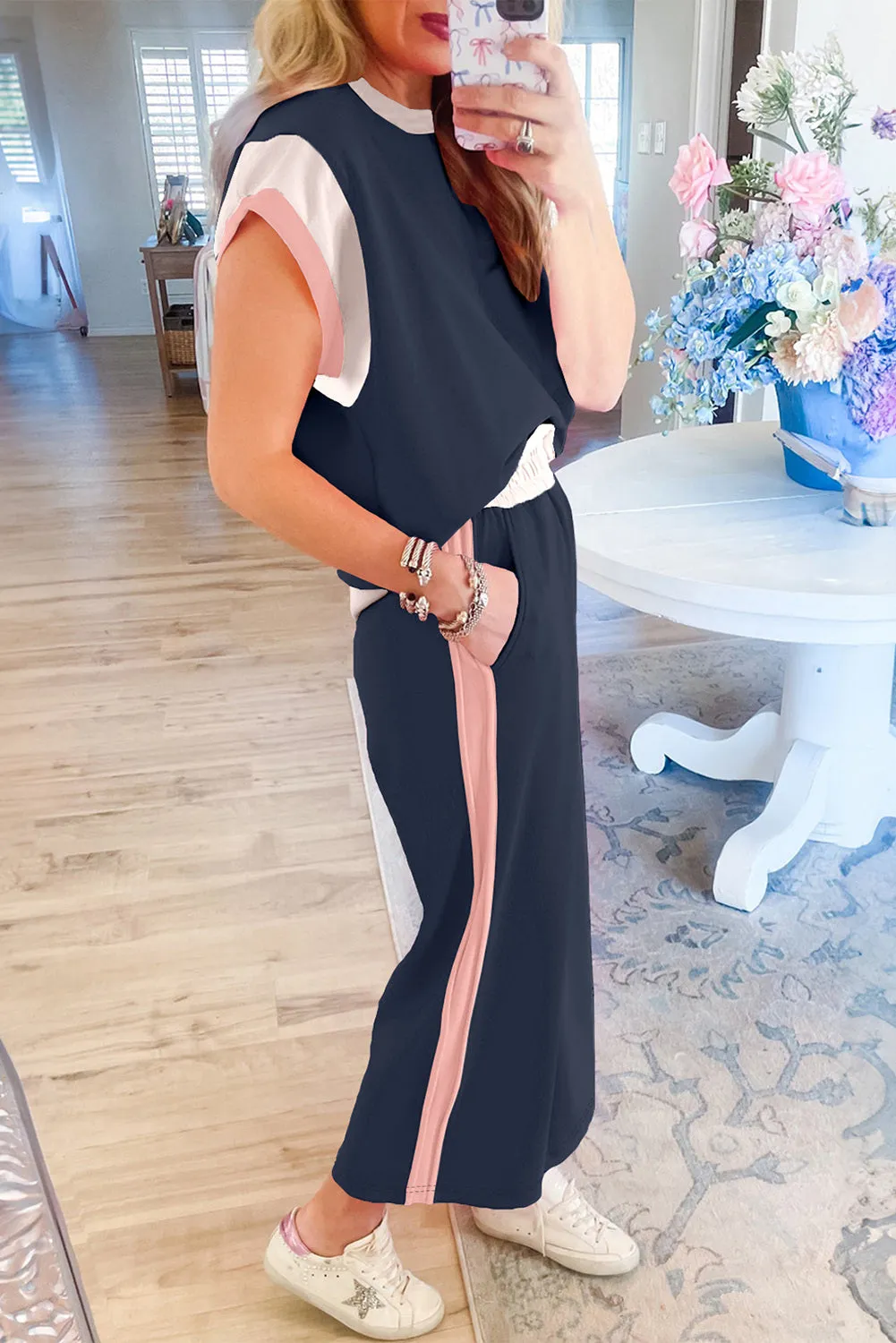 Women's 2 Piece Color Block Lounge Set Cap Sleeve Tee and Wide Leg Pants Set