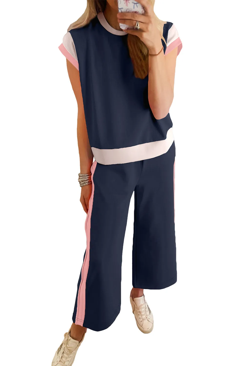 Women's 2 Piece Color Block Lounge Set Cap Sleeve Tee and Wide Leg Pants Set