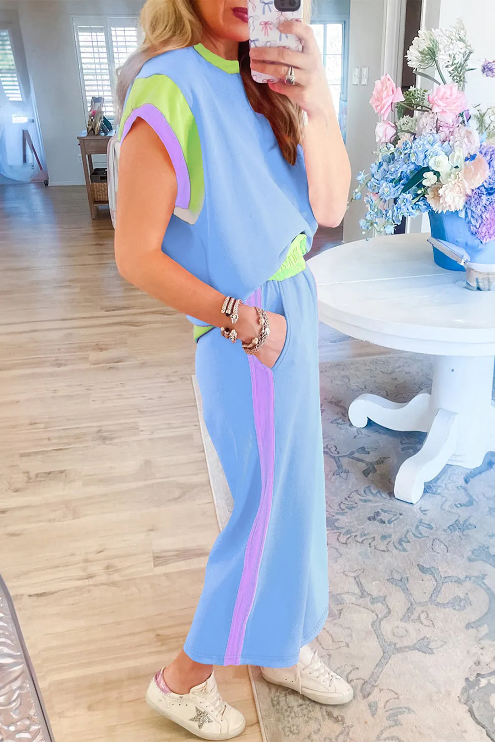 Women's 2 Piece Color Block Lounge Set Cap Sleeve Tee and Wide Leg Pants Set