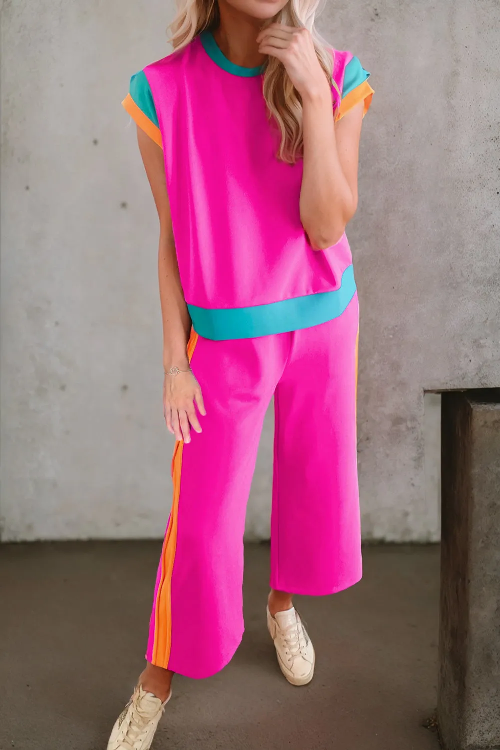 Women's 2 Piece Color Block Lounge Set Cap Sleeve Tee and Wide Leg Pants Set