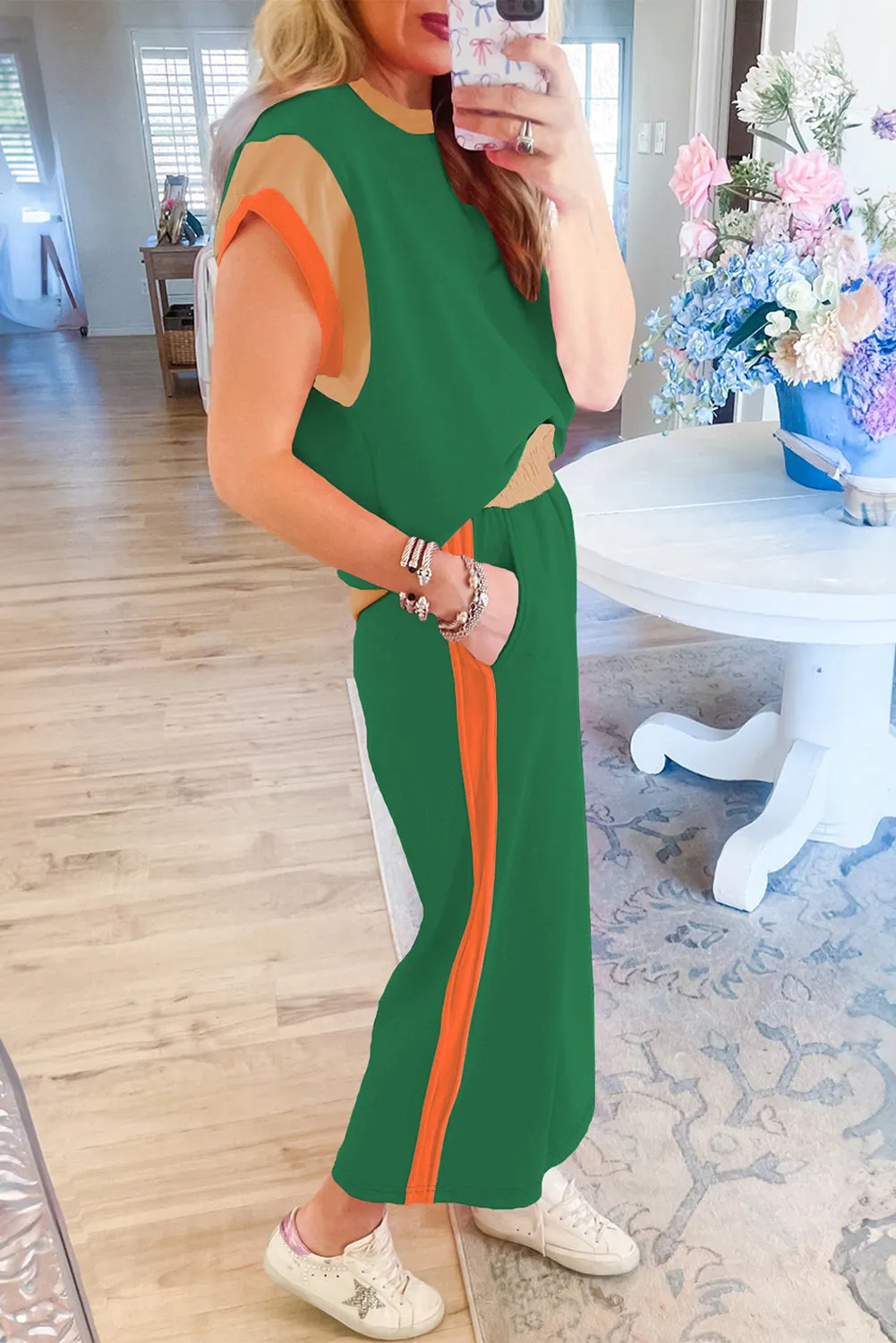 Women's 2 Piece Color Block Lounge Set Cap Sleeve Tee and Wide Leg Pants Set