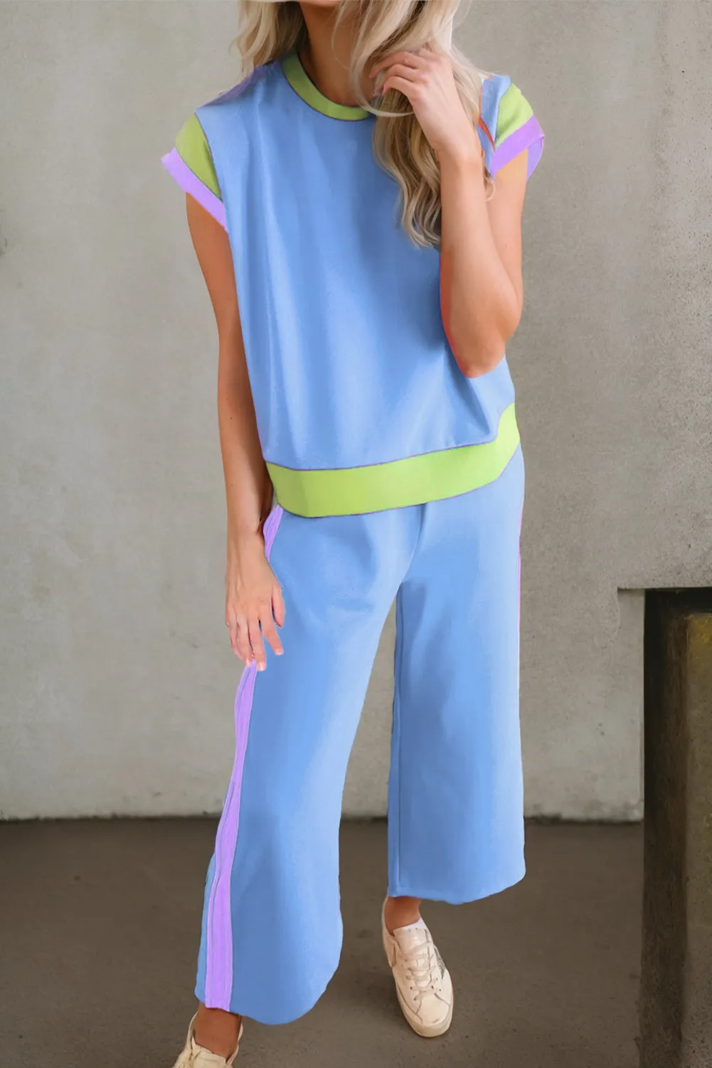 Women's 2 Piece Color Block Lounge Set Cap Sleeve Tee and Wide Leg Pants Set