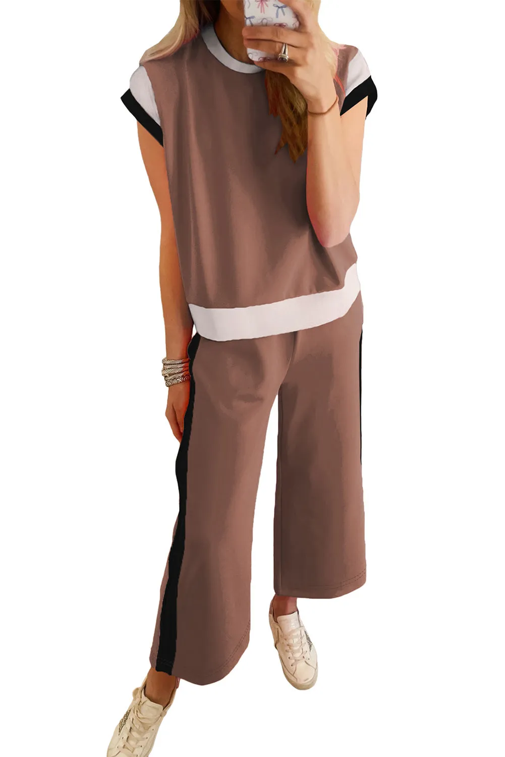 Women's 2 Piece Color Block Lounge Set Cap Sleeve Tee and Wide Leg Pants Set