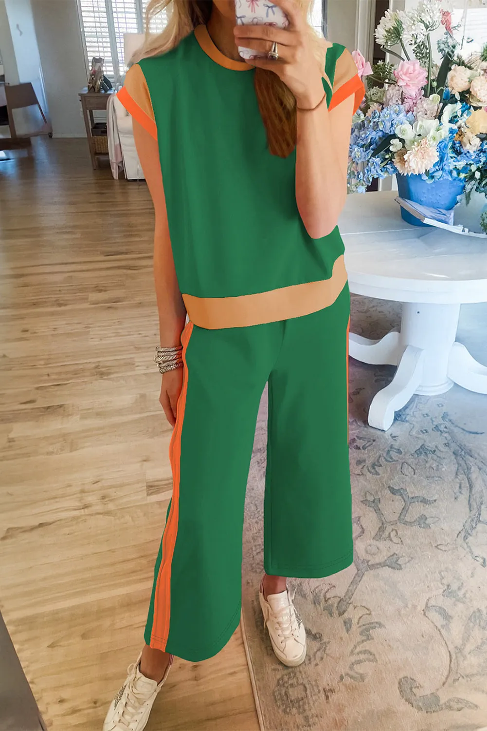 Women's 2 Piece Color Block Lounge Set Cap Sleeve Tee and Wide Leg Pants Set