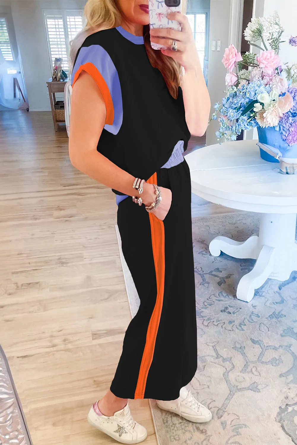 Women's 2 Piece Color Block Lounge Set Cap Sleeve Tee and Wide Leg Pants Set