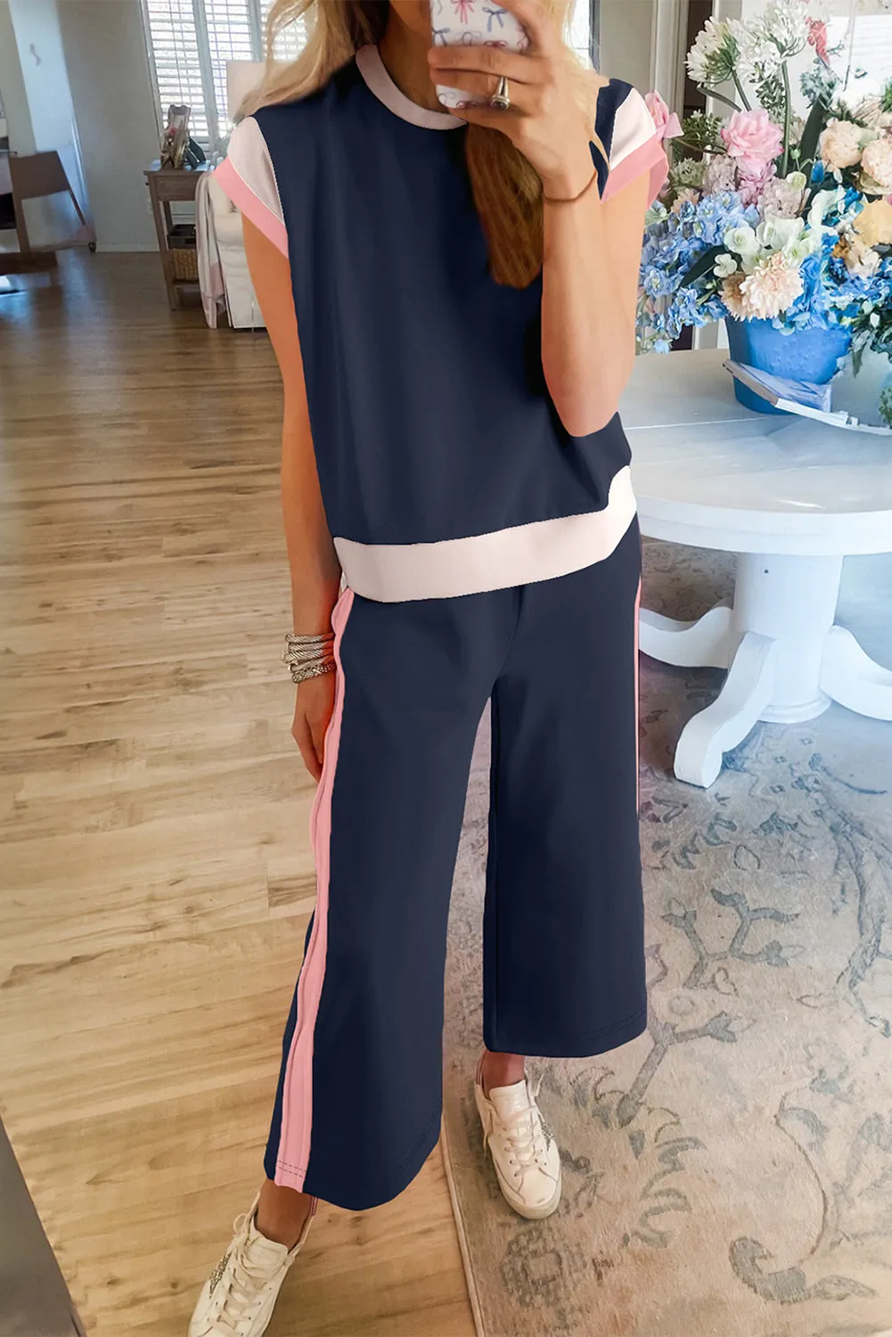Women's 2 Piece Color Block Lounge Set Cap Sleeve Tee and Wide Leg Pants Set