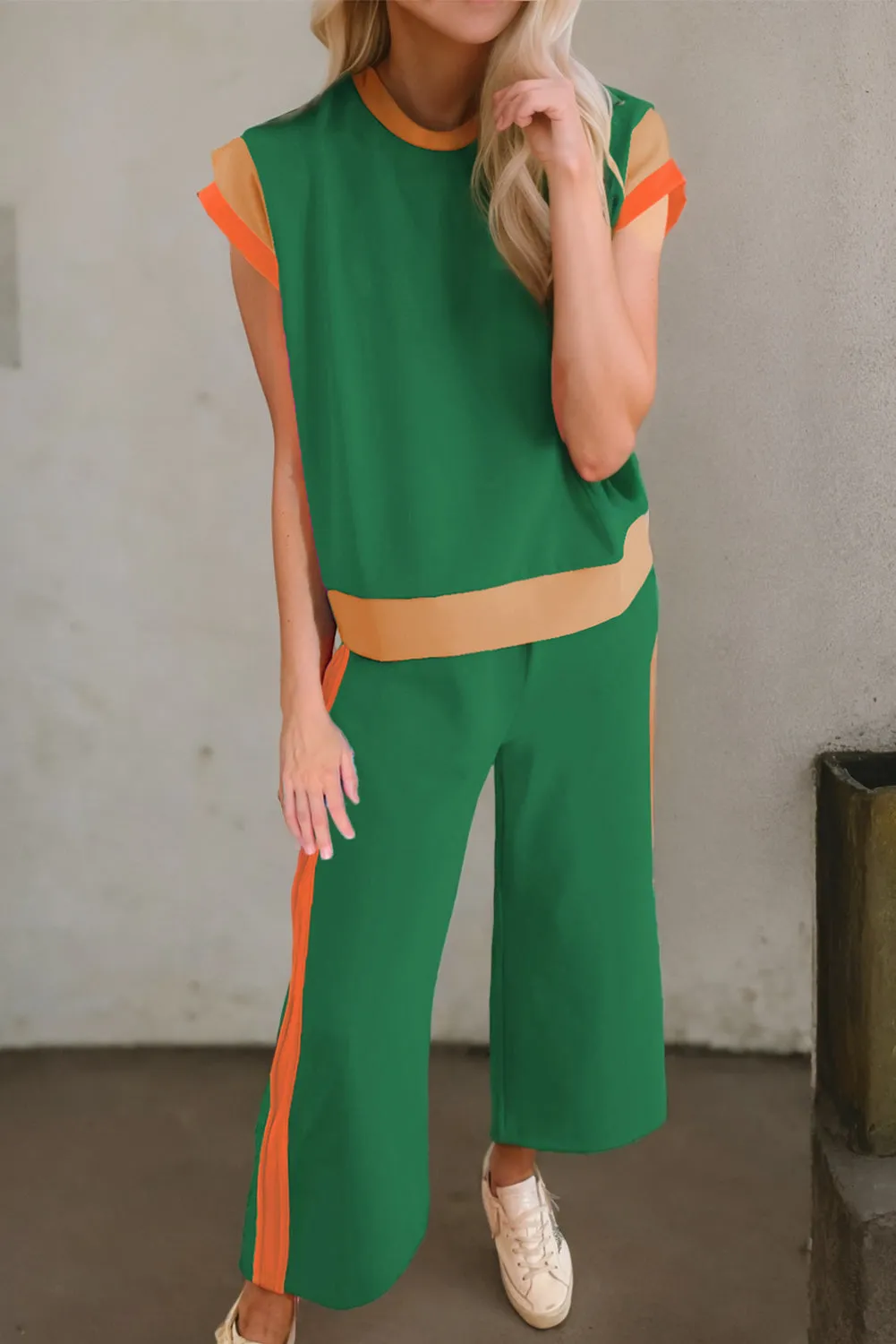 Women's 2 Piece Color Block Lounge Set Cap Sleeve Tee and Wide Leg Pants Set