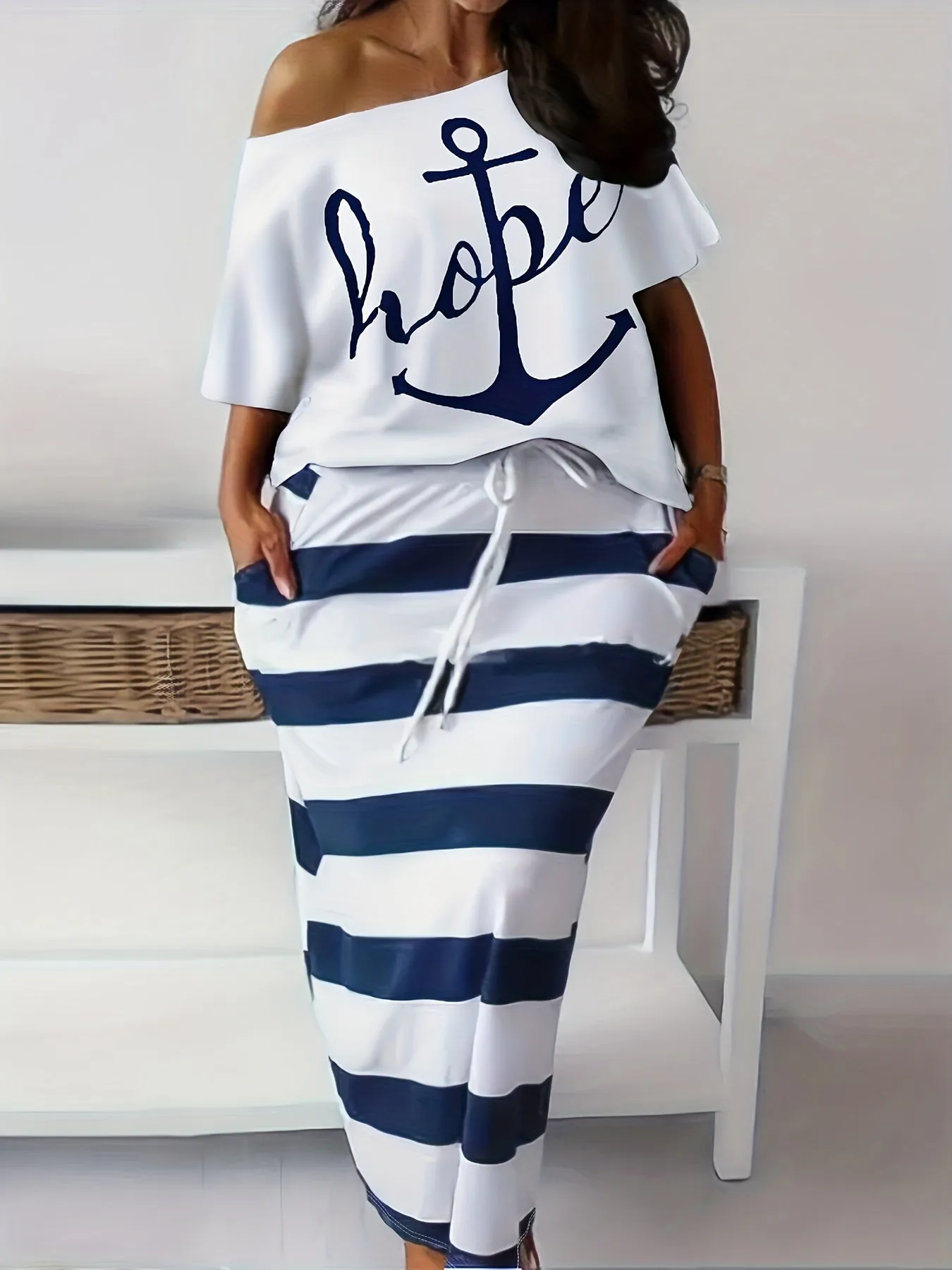 Women's Plus Anchor & Letter Print Short Sleeve T-shirt & Striped Slim Fit Skirt 2pcs Set - Plus Size Casual Outfits