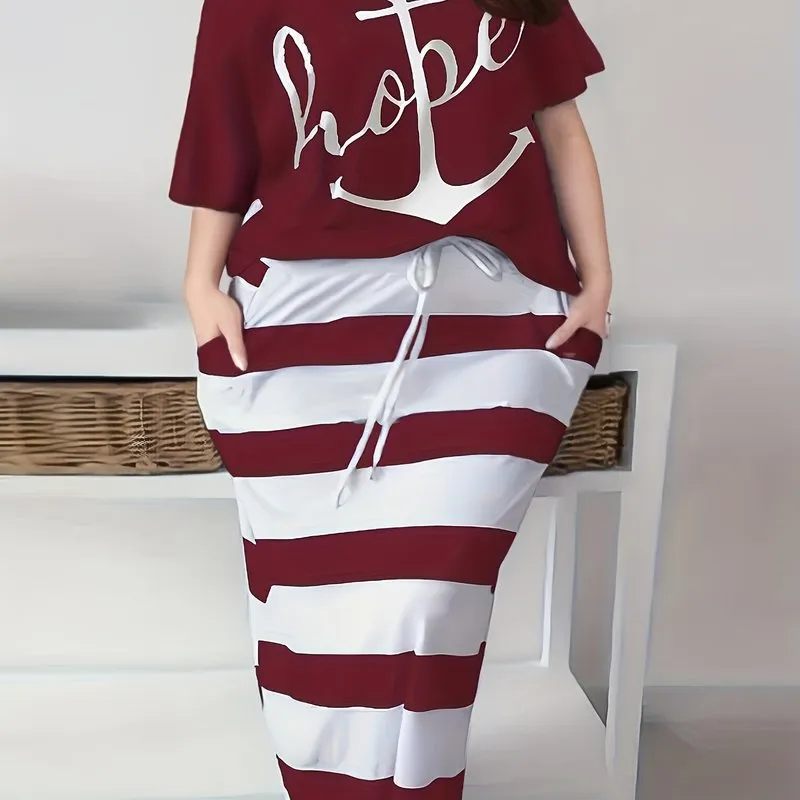 Women's Plus Anchor & Letter Print Short Sleeve T-shirt & Striped Slim Fit Skirt 2pcs Set - Plus Size Casual Outfits