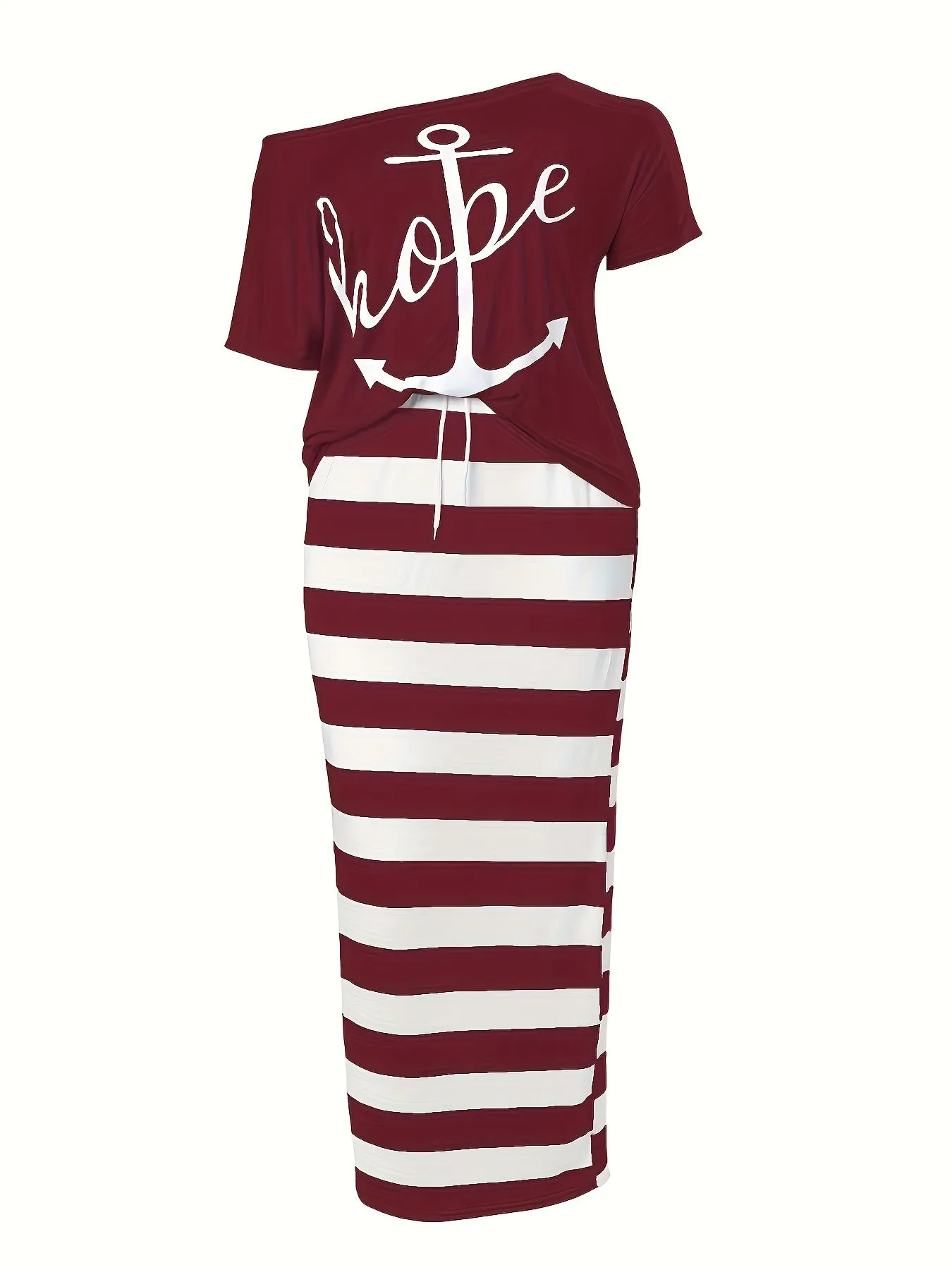 Women's Plus Anchor & Letter Print Short Sleeve T-shirt & Striped Slim Fit Skirt 2pcs Set - Plus Size Casual Outfits