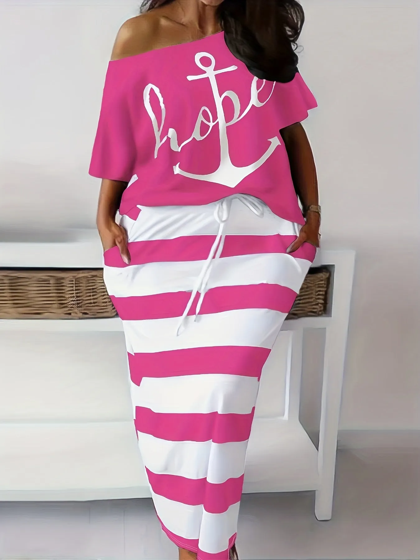 Women's Plus Anchor & Letter Print Short Sleeve T-shirt & Striped Slim Fit Skirt 2pcs Set - Plus Size Casual Outfits