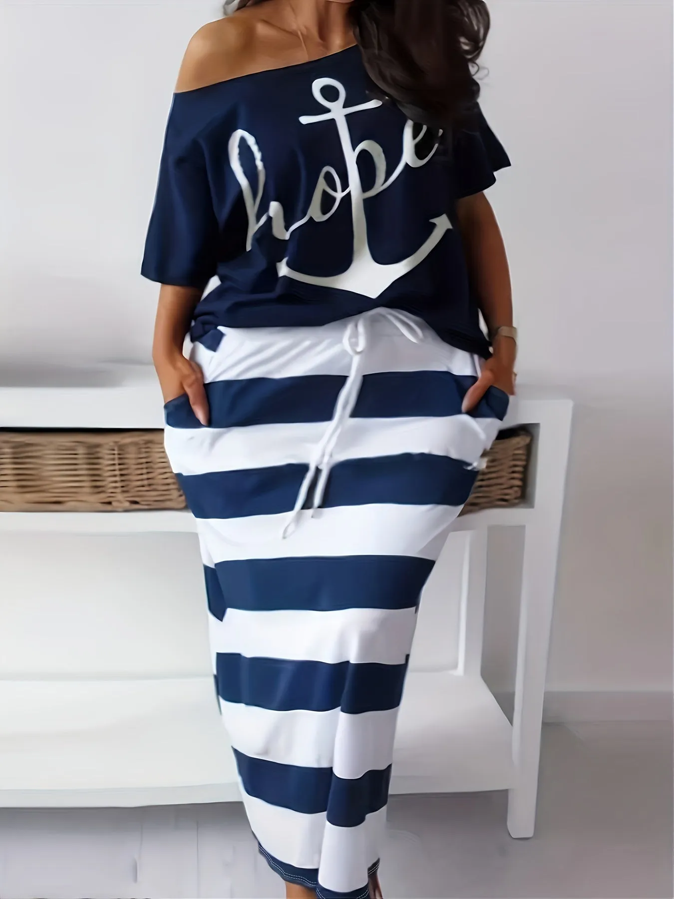 Women's Plus Anchor & Letter Print Short Sleeve T-shirt & Striped Slim Fit Skirt 2pcs Set - Plus Size Casual Outfits