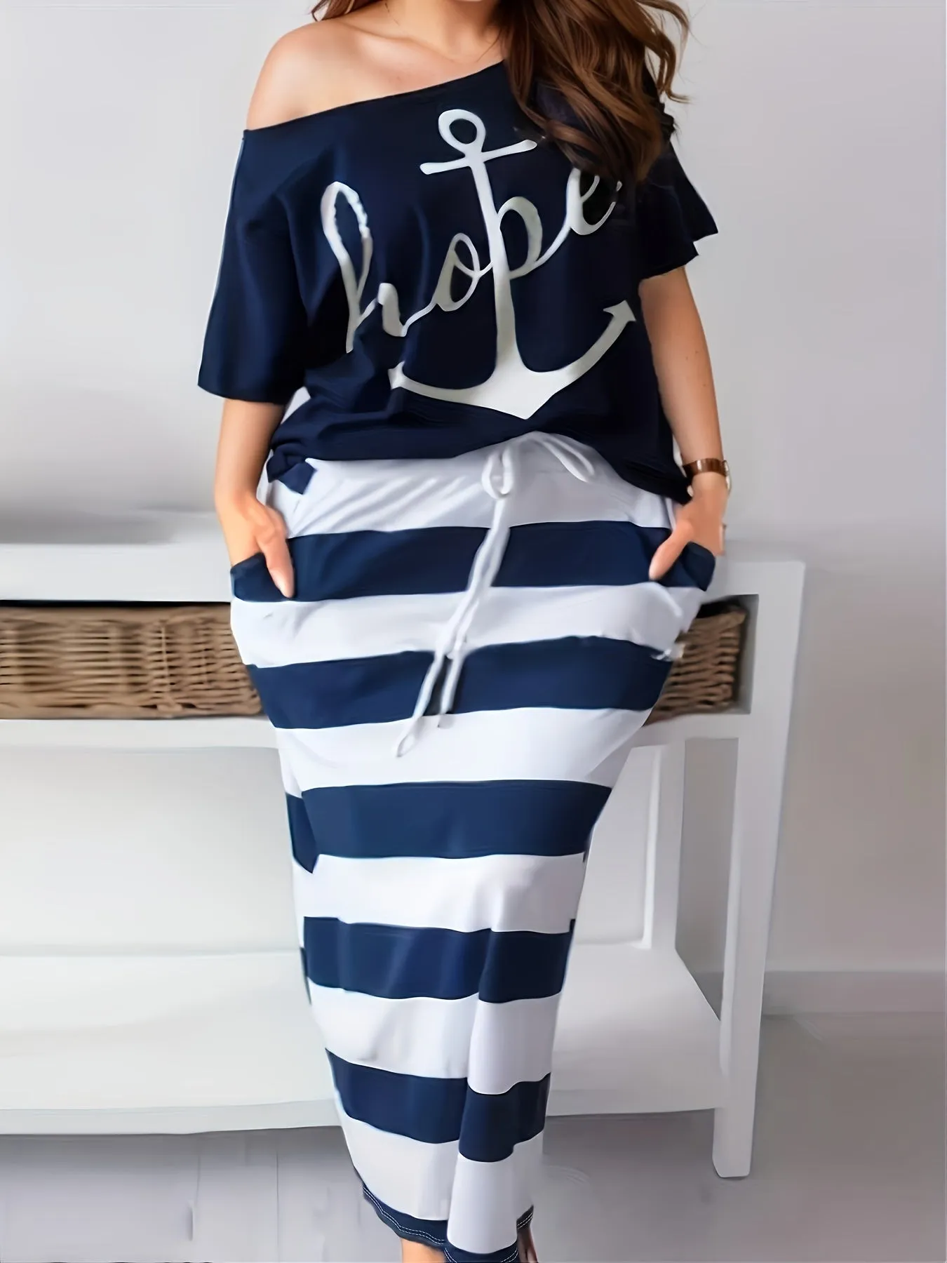 Women's Plus Anchor & Letter Print Short Sleeve T-shirt & Striped Slim Fit Skirt 2pcs Set - Plus Size Casual Outfits
