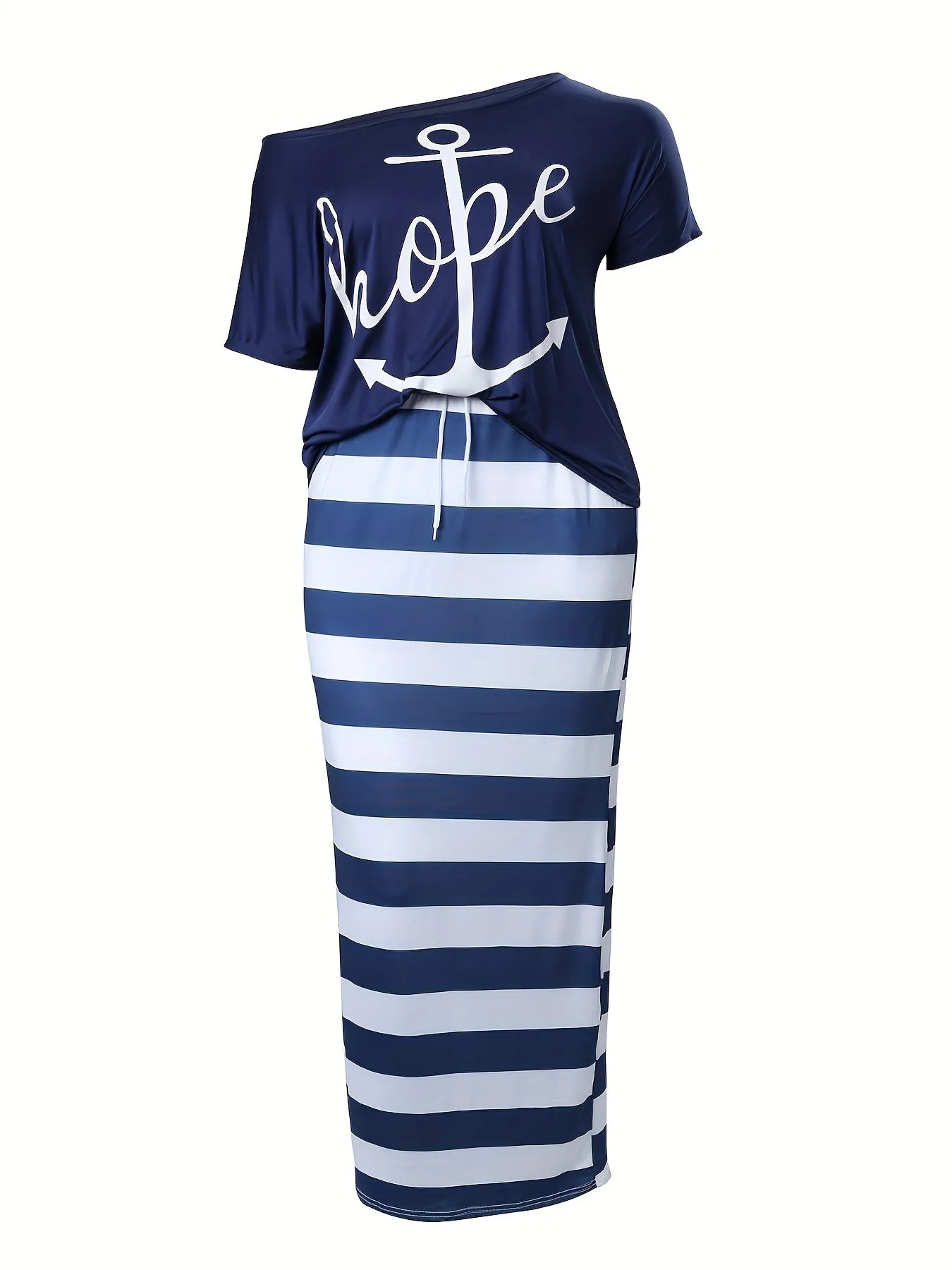 Women's Plus Anchor & Letter Print Short Sleeve T-shirt & Striped Slim Fit Skirt 2pcs Set - Plus Size Casual Outfits