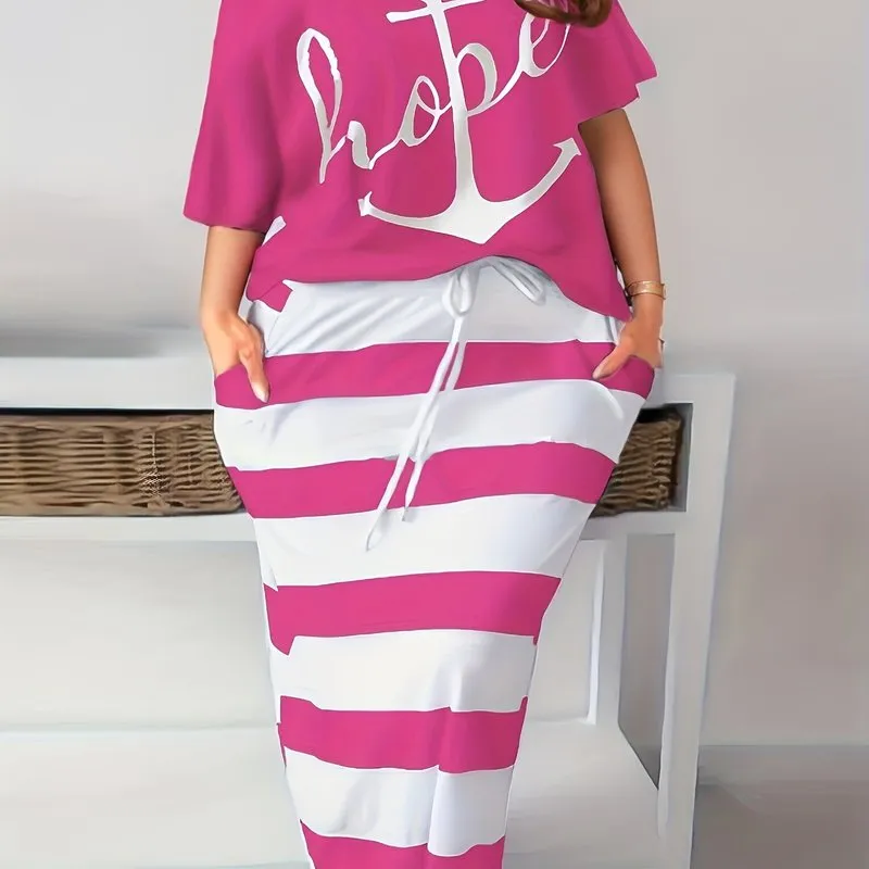 Women's Plus Anchor & Letter Print Short Sleeve T-shirt & Striped Slim Fit Skirt 2pcs Set - Plus Size Casual Outfits