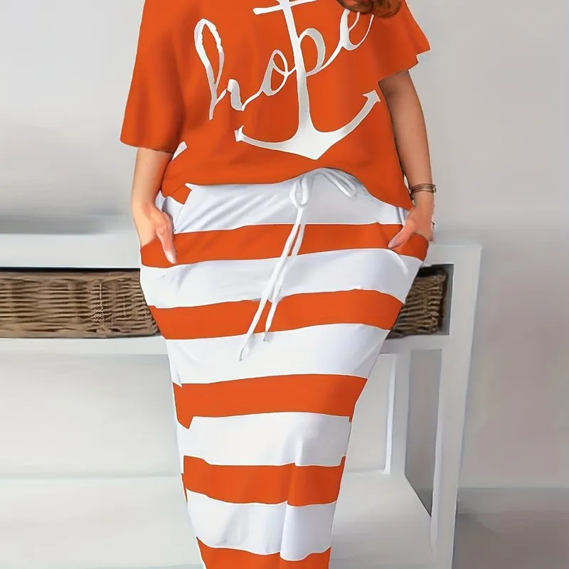 Women's Plus Anchor & Letter Print Short Sleeve T-shirt & Striped Slim Fit Skirt 2pcs Set - Plus Size Casual Outfits