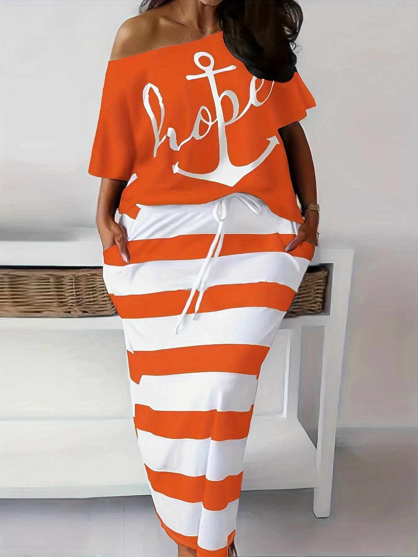 Women's Plus Anchor & Letter Print Short Sleeve T-shirt & Striped Slim Fit Skirt 2pcs Set - Plus Size Casual Outfits