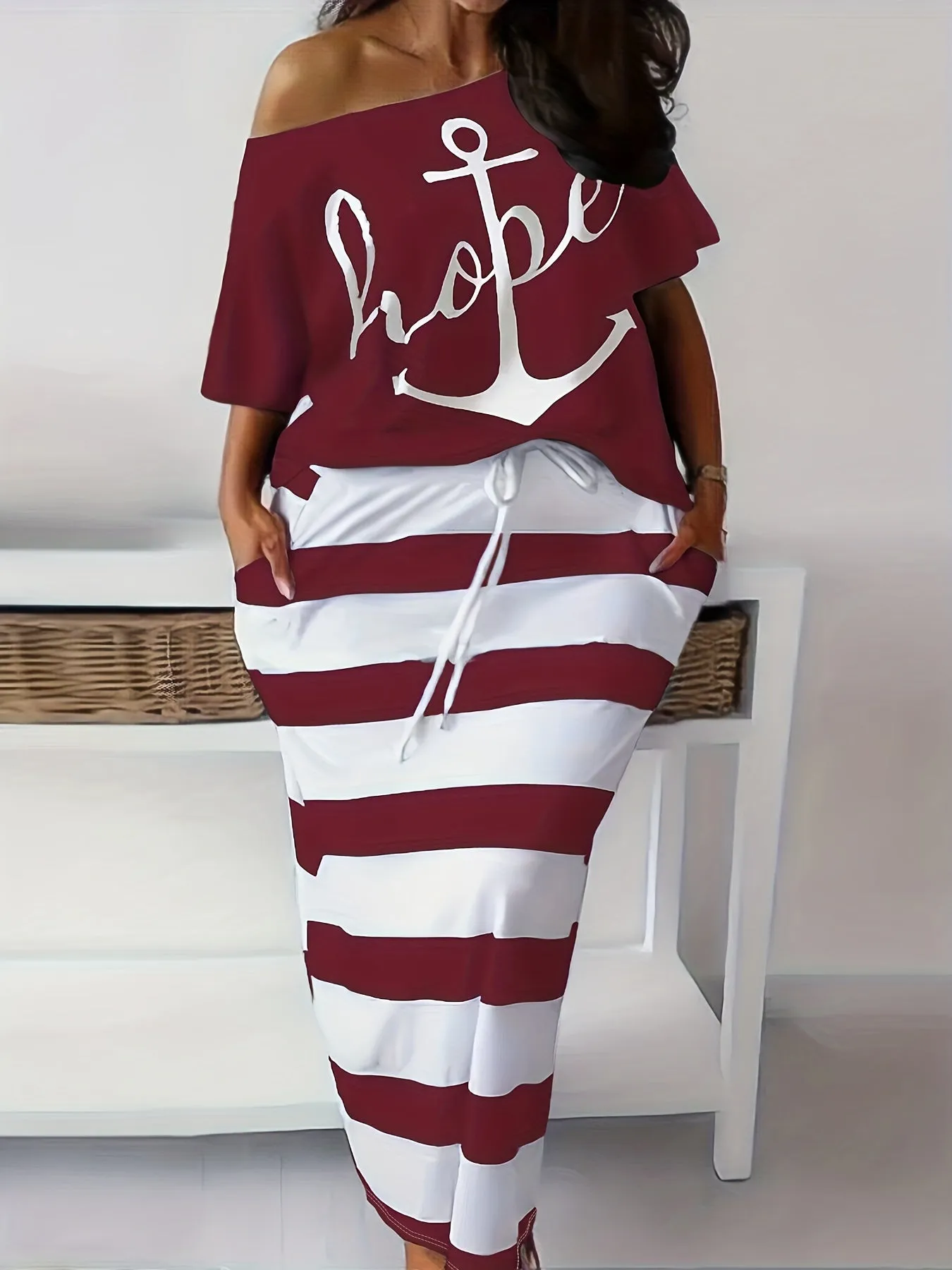 Women's Plus Anchor & Letter Print Short Sleeve T-shirt & Striped Slim Fit Skirt 2pcs Set - Plus Size Casual Outfits