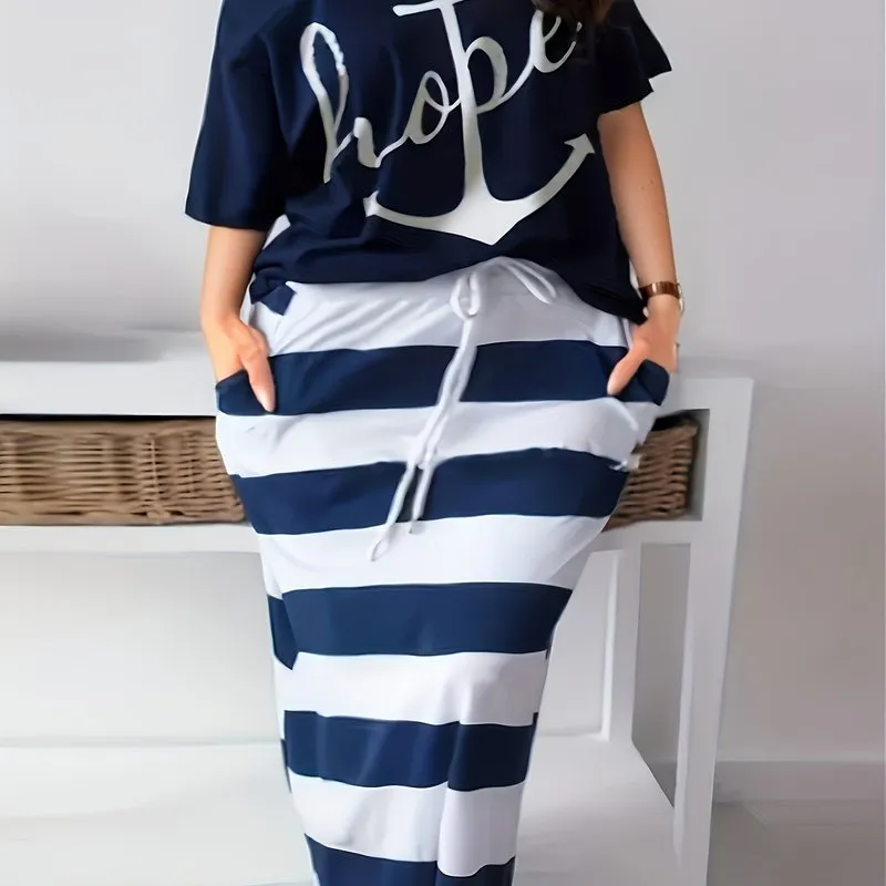 Women's Plus Anchor & Letter Print Short Sleeve T-shirt & Striped Slim Fit Skirt 2pcs Set - Plus Size Casual Outfits