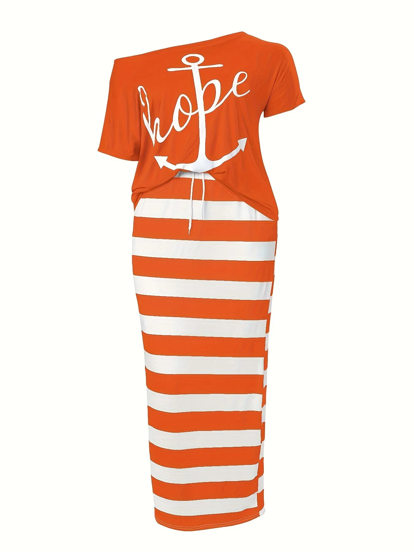 Women's Plus Anchor & Letter Print Short Sleeve T-shirt & Striped Slim Fit Skirt 2pcs Set - Plus Size Casual Outfits