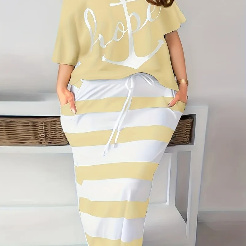 Women's Plus Anchor & Letter Print Short Sleeve T-shirt & Striped Slim Fit Skirt 2pcs Set - Plus Size Casual Outfits