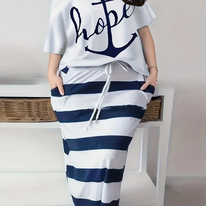 Women's Plus Anchor & Letter Print Short Sleeve T-shirt & Striped Slim Fit Skirt 2pcs Set - Plus Size Casual Outfits