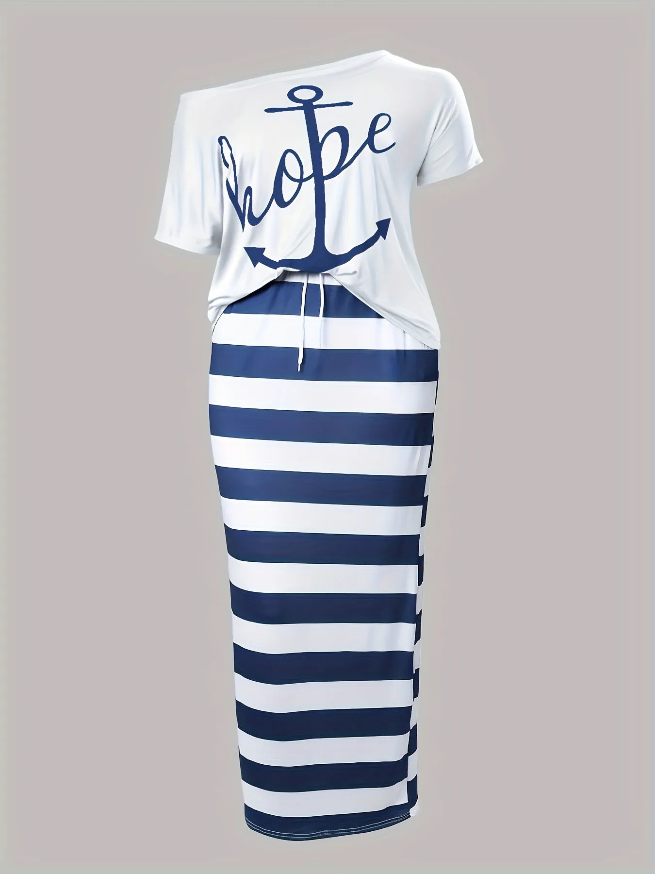 Women's Plus Anchor & Letter Print Short Sleeve T-shirt & Striped Slim Fit Skirt 2pcs Set - Plus Size Casual Outfits