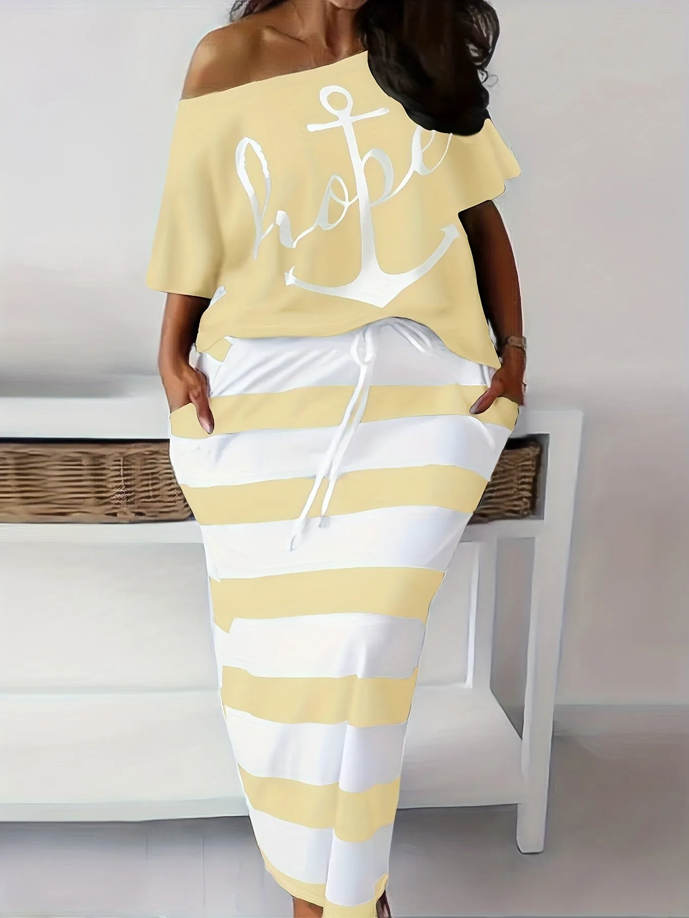 Women's Plus Anchor & Letter Print Short Sleeve T-shirt & Striped Slim Fit Skirt 2pcs Set - Plus Size Casual Outfits