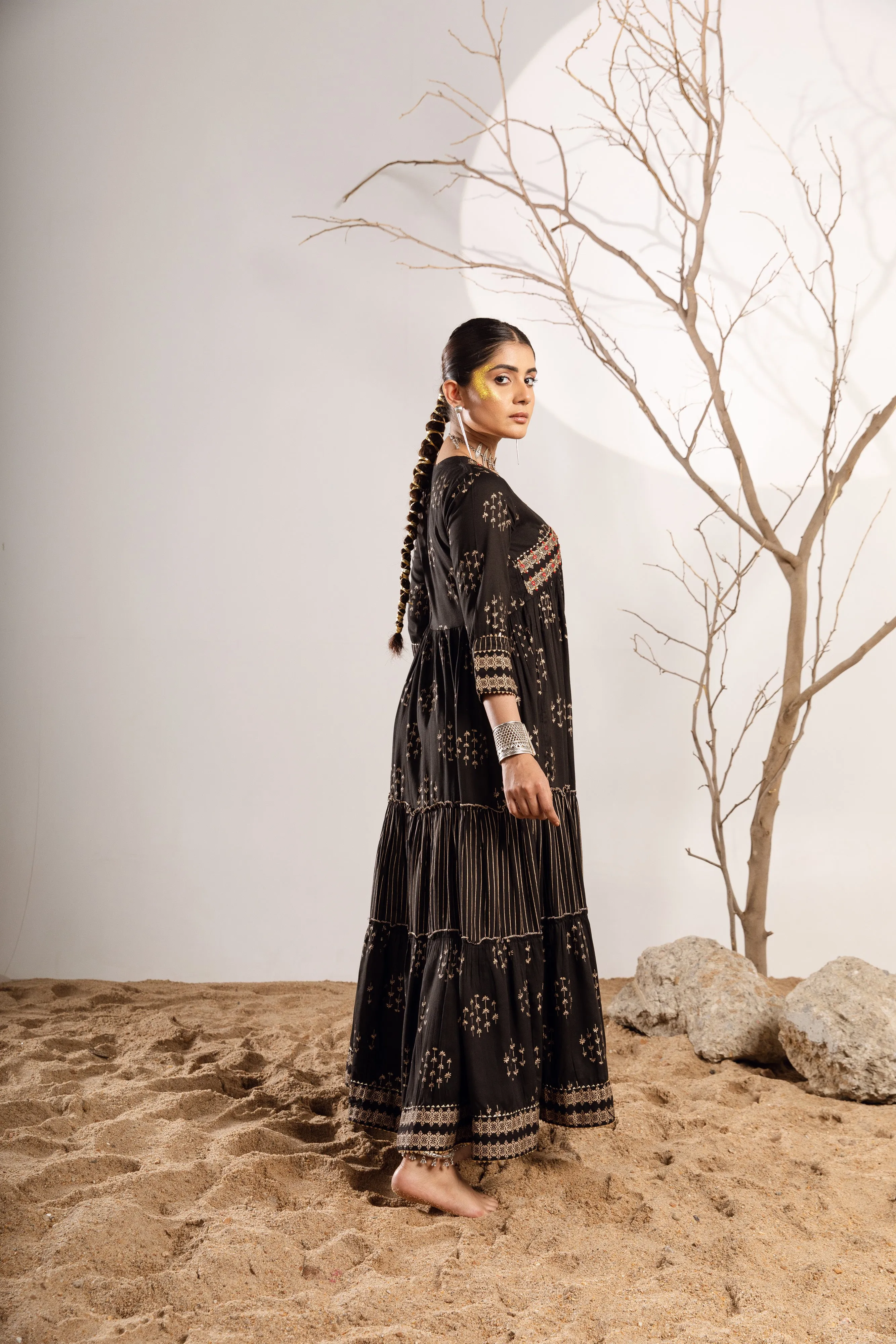 Women's Rayon Black Flared/Tiered Gown