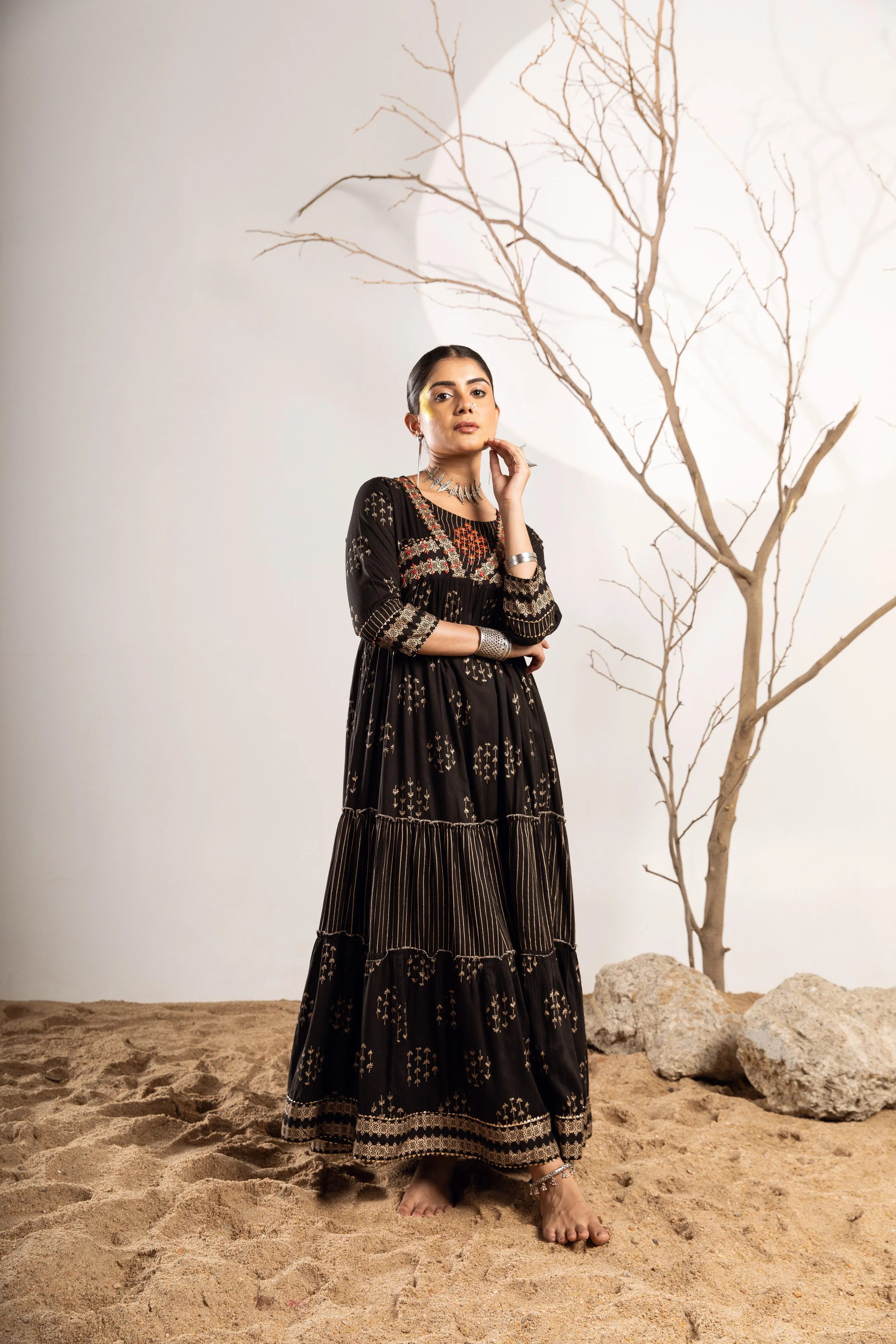 Women's Rayon Black Flared/Tiered Gown