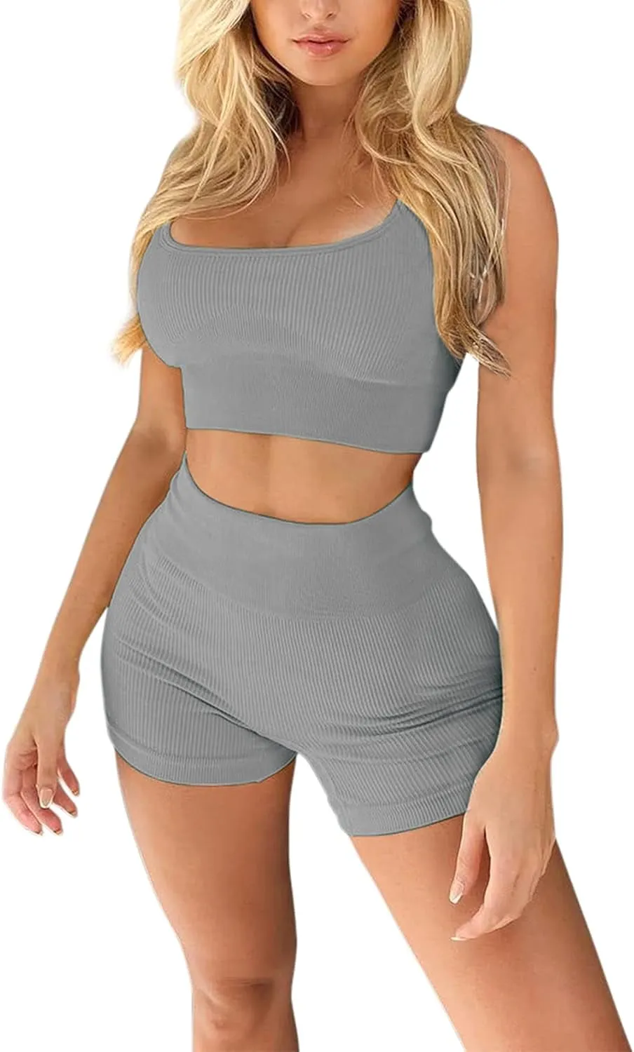 Workout Set for Women Outfit 2 Piece Seamless Ribbed High Waist Yoga Leggings with Sports Paded Bra