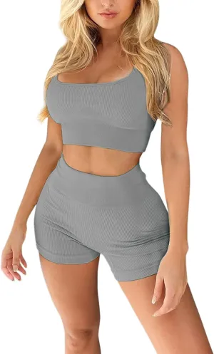 Workout Set for Women Outfit 2 Piece Seamless Ribbed High Waist Yoga Leggings with Sports Paded Bra