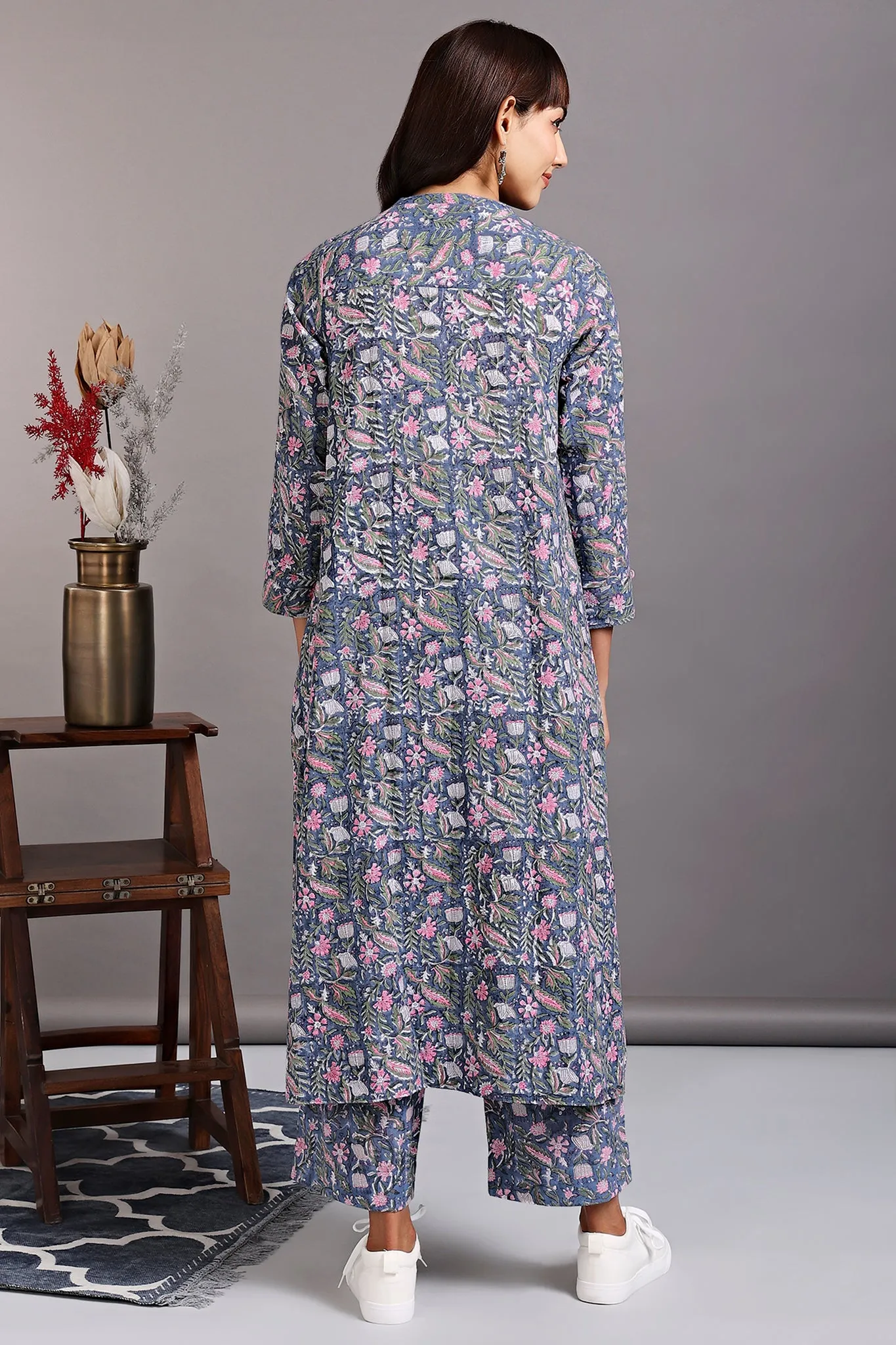 zen yoke gather kurta - irish grey &  bougainvillea bloom