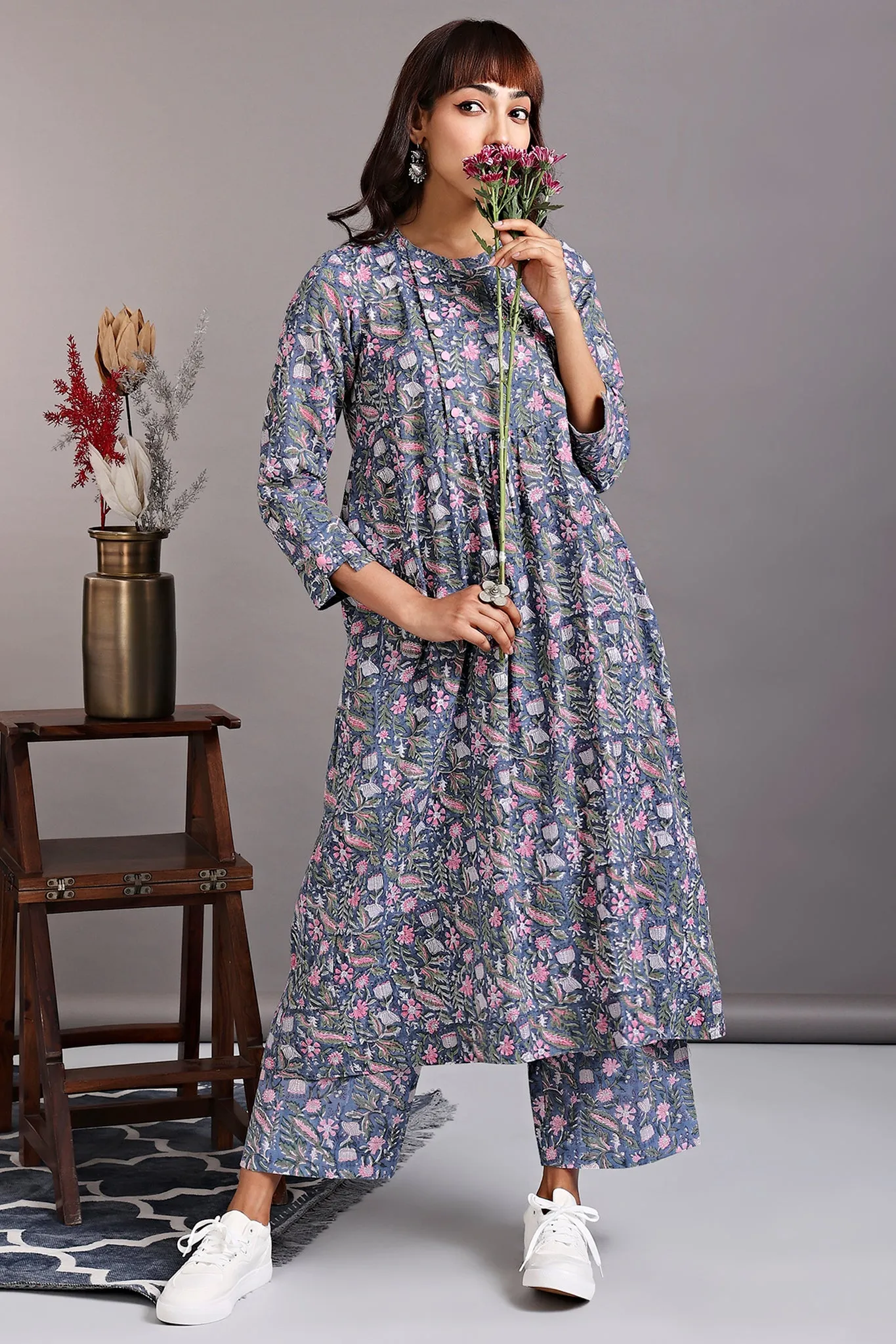 zen yoke gather kurta - irish grey &  bougainvillea bloom