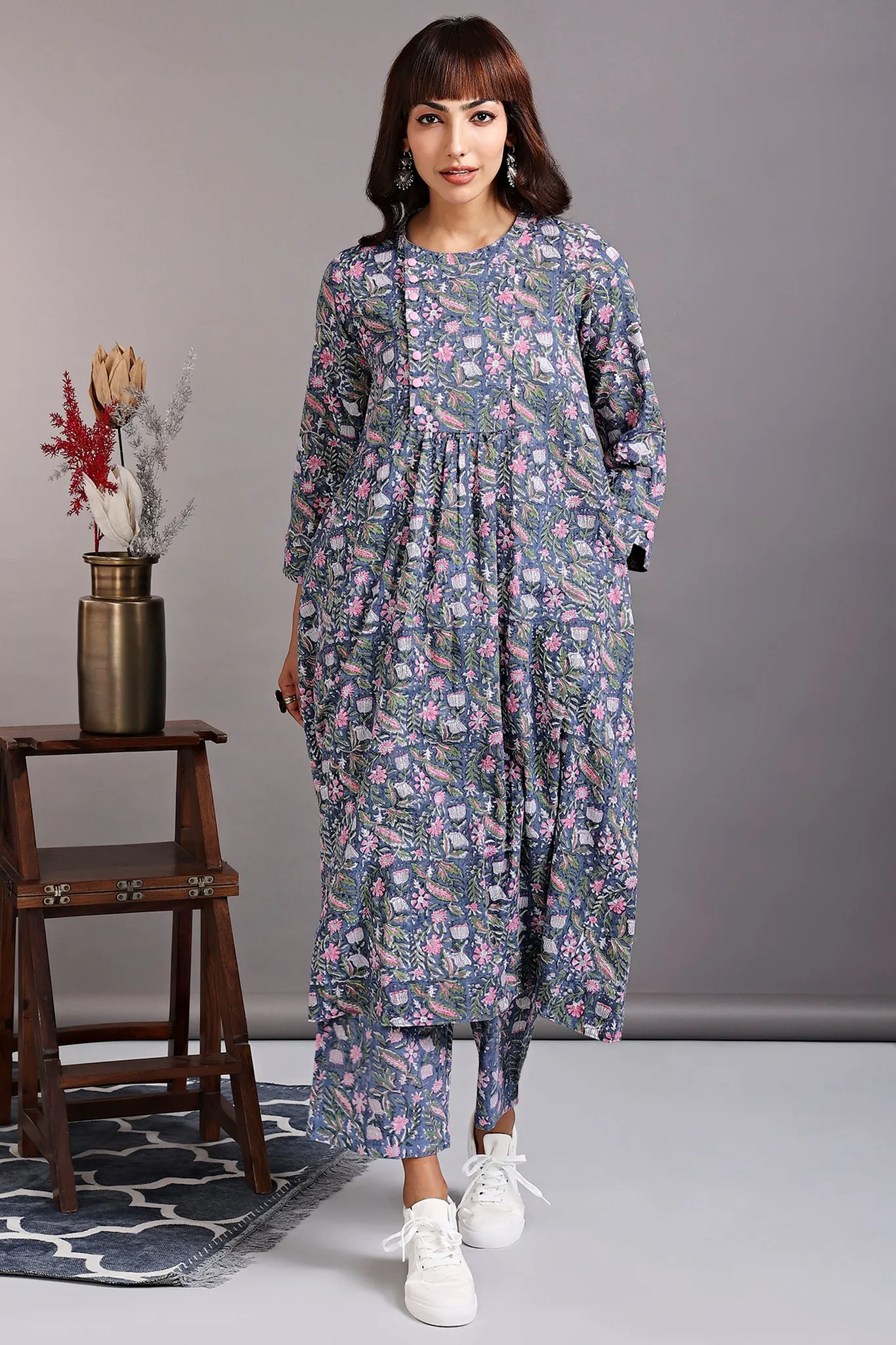 zen yoke gather kurta - irish grey &  bougainvillea bloom