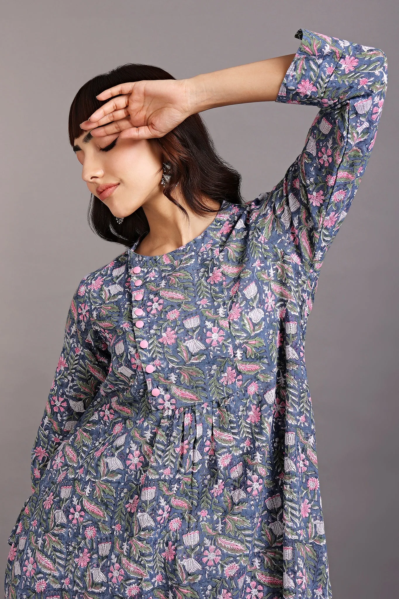 zen yoke gather kurta - irish grey &  bougainvillea bloom
